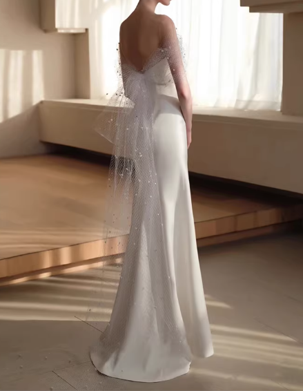 Vintage White Satin Mermaid Off-the-Shoulder Beaded Cape Veil Wedding Dress DP7755
