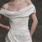Vintage Ivory Satin Off-the-Shoulder Ruched Pearl Details & Sweep Train Wedding Dress DP7756
