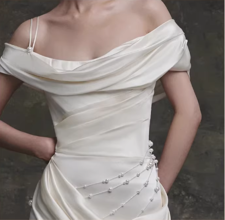 Vintage Ivory Satin Off-the-Shoulder Ruched Pearl Details & Sweep Train Wedding Dress DP7756