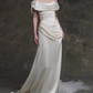 Vintage Ivory Satin Off-the-Shoulder Ruched Pearl Details & Sweep Train Wedding Dress DP7756