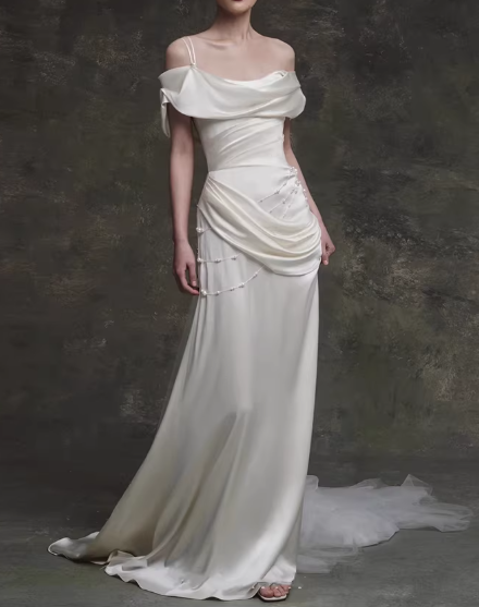 Vintage Ivory Satin Off-the-Shoulder Ruched Pearl Details & Sweep Train Wedding Dress DP7756