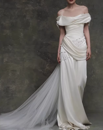 Vintage Ivory Satin Off-the-Shoulder Ruched Pearl Details & Sweep Train Wedding Dress DP7756