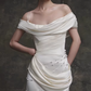 Vintage Ivory Satin Off-the-Shoulder Ruched Pearl Details & Sweep Train Wedding Dress DP7756