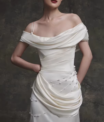 Vintage Ivory Satin Off-the-Shoulder Ruched Pearl Details & Sweep Train Wedding Dress DP7756