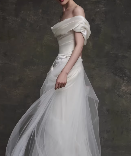 Vintage Ivory Satin Off-the-Shoulder Ruched Pearl Details & Sweep Train Wedding Dress DP7756