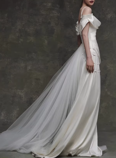 Vintage Ivory Satin Off-the-Shoulder Ruched Pearl Details & Sweep Train Wedding Dress DP7756