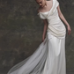 Vintage Ivory Satin Off-the-Shoulder Ruched Pearl Details & Sweep Train Wedding Dress DP7756