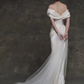Vintage Ivory Satin Off-the-Shoulder Ruched Pearl Details & Sweep Train Wedding Dress DP7756