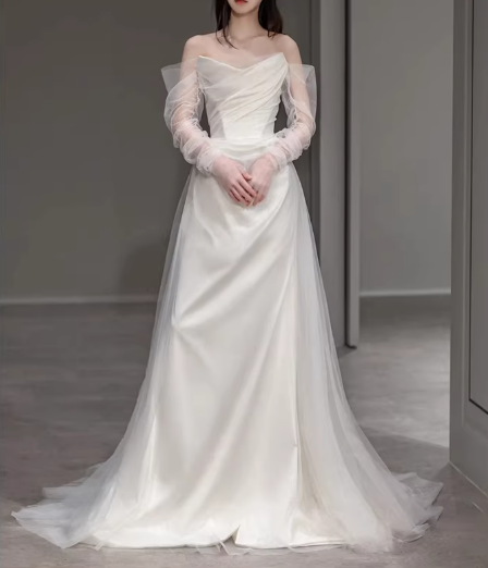 Vintage Ivory Satin Off-the-Shoulder Tulle Puff Sleeves Chapel Train Wedding Dress DP7757