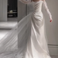 Vintage Ivory Satin Off-the-Shoulder Tulle Puff Sleeves Chapel Train Wedding Dress DP7757