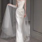 Vintage Ivory Satin Off-the-Shoulder Tulle Puff Sleeves Chapel Train Wedding Dress DP7757