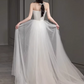 Vintage Ivory Satin Off-the-Shoulder Tulle Puff Sleeves Chapel Train Wedding Dress DP7757