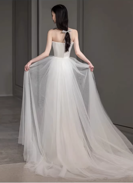 Vintage Ivory Satin Off-the-Shoulder Tulle Puff Sleeves Chapel Train Wedding Dress DP7757