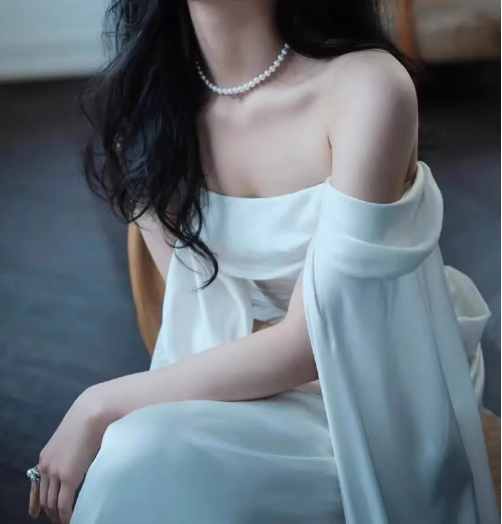 Vintage White Satin Off-the-Shoulder Draped Bodice Wedding Dress Detachable Cape Sleeves & Sweep Train DP7759