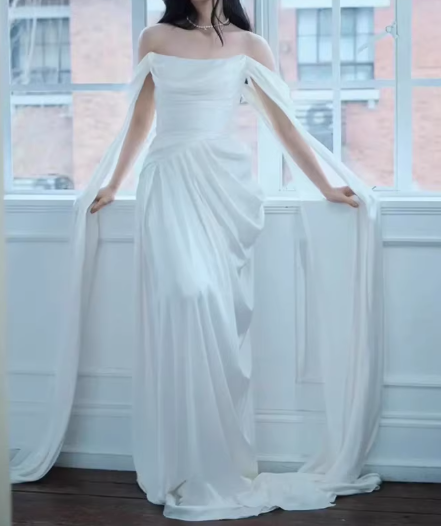 Vintage White Satin Off-the-Shoulder Draped Bodice Wedding Dress Detachable Cape Sleeves & Sweep Train DP7759