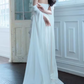 Vintage White Satin Off-the-Shoulder Draped Bodice Wedding Dress Detachable Cape Sleeves & Sweep Train DP7759
