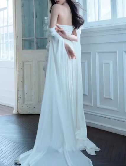 Vintage White Satin Off-the-Shoulder Draped Bodice Wedding Dress Detachable Cape Sleeves & Sweep Train DP7759