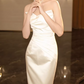 Vintage Ivory Satin Strapless Mermaid Sweetheart Neckline Wedding Dress with Draped Bodice & Chapel Train DP7760