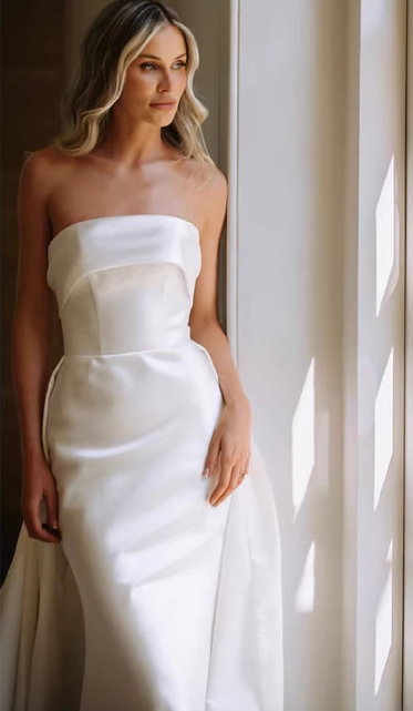 Vintage Ivory Strapless Sheath Satin Wedding Dress with Draped Detail & Sweep Train DP7761