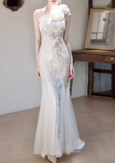 Vintage Silver Sequin One-Shoulder Mermaid Evening Gown 3D Flower Tulle Train Prom Dress DP7766