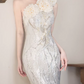 Vintage Silver Sequin One-Shoulder Mermaid Evening Gown 3D Flower Tulle Train Prom Dress DP7766