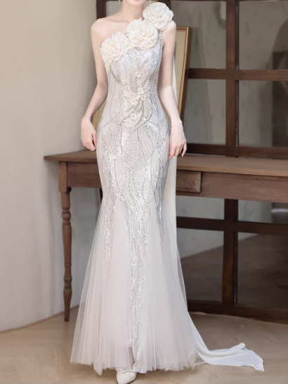 Vintage Silver Sequin One-Shoulder Mermaid Evening Gown 3D Flower Tulle Train Prom Dress DP7766