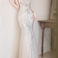 Vintage Silver Sequin One-Shoulder Mermaid Evening Gown 3D Flower Tulle Train Prom Dress DP7766