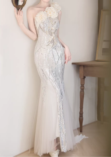 Vintage Silver Sequin One-Shoulder Mermaid Evening Gown 3D Flower Tulle Train Prom Dress DP7766