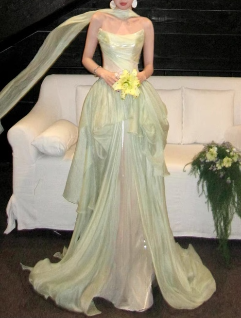 Vintage Pale Mint Green Chiffon Strapless Evening Gown Draped Ruffles Train Prom Dress DP7767