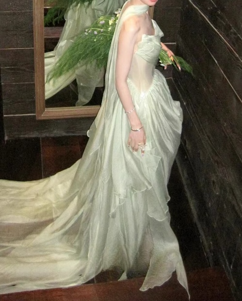 Vintage Pale Mint Green Chiffon Strapless Evening Gown Draped Ruffles Train Prom Dress DP7767