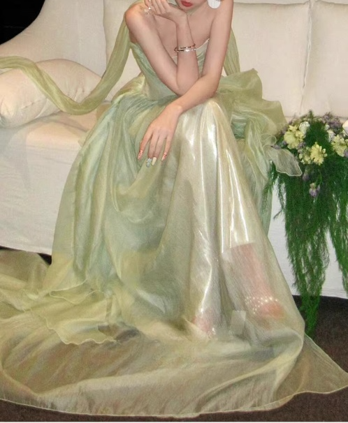 Vintage Pale Mint Green Chiffon Strapless Evening Gown Draped Ruffles Train Prom Dress DP7767