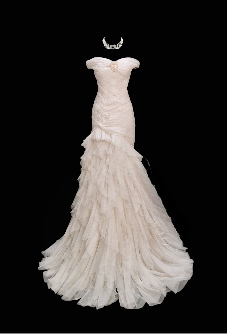 Romantic Ivory Strapless Mermaid Wedding Dress Ruched Bodice Layered Ruffle Train Bridal Gown DP7768