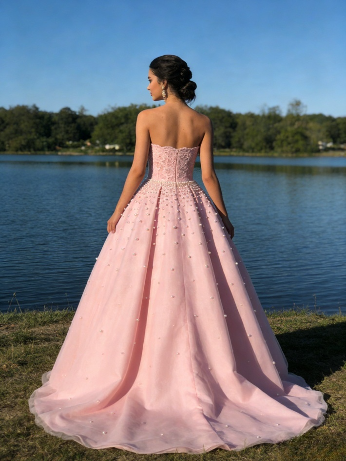 Elegantes, trägerloses, rosafarbenes Ballkleid aus Spitze und perlenbesetztem Tüll für den Sweet 15 Quinceañera-Tag (DP7770)