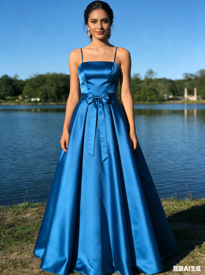 Elegant Royal Blue Satin Spaghetti Strap Bow Sweet 15 Quinceanera Ball Gown DP7771