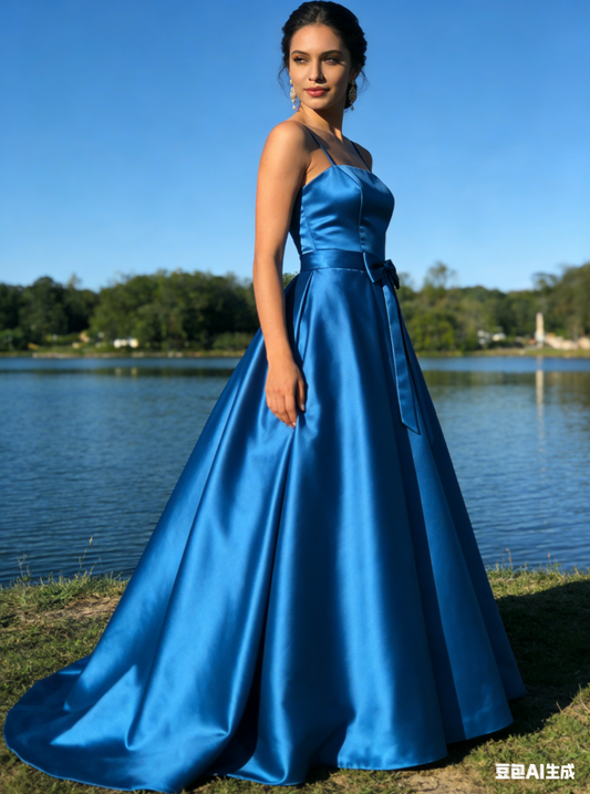 Elegantes königsblaues Satin-Ballkleid mit Spaghettiträgern und Schleife für Sweet 15 Quinceañera DP7771