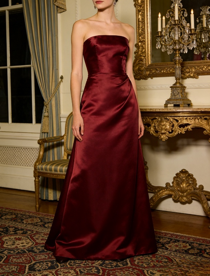 Vintage Burgundy Satin Evening Gown A-Line Strapless Prom Dress DP7773