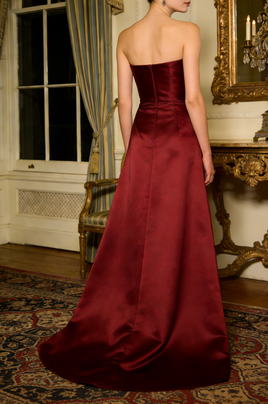 Vintage Burgundy Satin Evening Gown A-Line Strapless Prom Dress DP7773