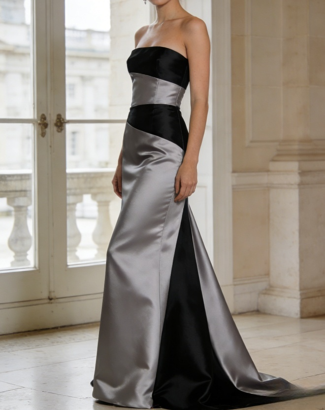 Vintage Black & Silver Color-Block Strapless Mermaid Evening Gown Sati   DSProm