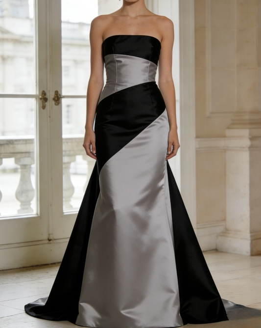 Vintage Black & Silver Color-Block Strapless Mermaid Evening Gown Satin A-Line Prom Dress DP7774