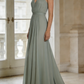 Vintage Sage Green Spaghetti Strap Chiffon Evening Gown Pleated V-Neck Prom Dress DP7775