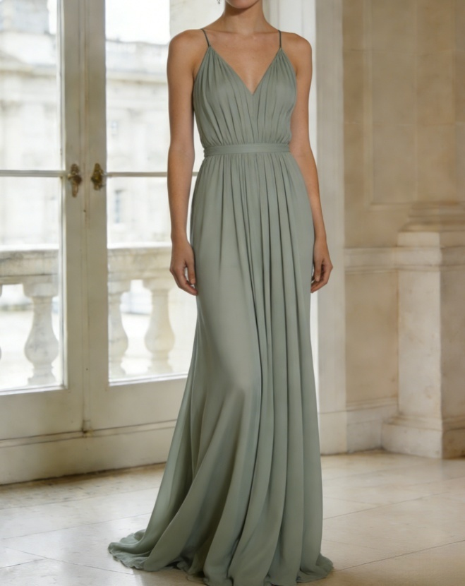 Vintage Sage Green Spaghetti Strap Chiffon Evening Gown Pleated V-Neck Prom Dress DP7775