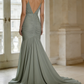 Vintage Sage Green Spaghetti Strap Chiffon Evening Gown Pleated V-Neck Prom Dress DP7775