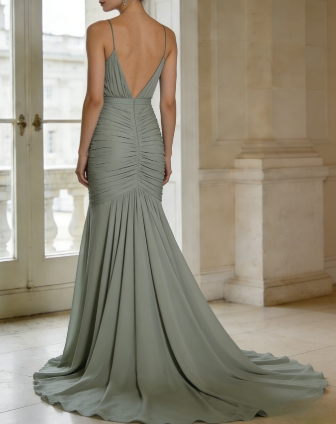 Vintage Sage Green Spaghetti Strap Chiffon Evening Gown Pleated V-Neck Prom Dress DP7775