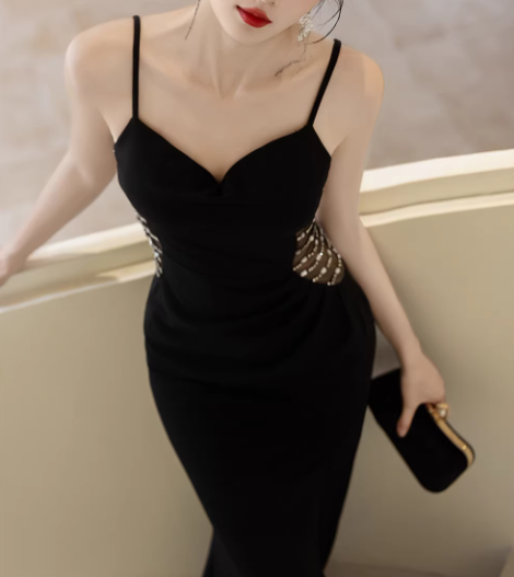 Vintage Black Spaghetti Strap Sweetheart Mermaid Evening Gown Mesh Studded Beaded Slit Prom Dress DP7776