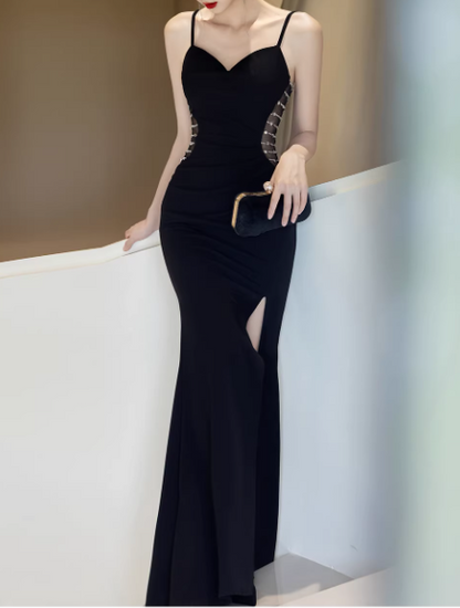 Vintage Black Spaghetti Strap Sweetheart Mermaid Evening Gown Mesh Studded Beaded Slit Prom Dress DP7776
