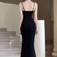 Vintage Black Spaghetti Strap Sweetheart Mermaid Evening Gown Mesh Studded Beaded Slit Prom Dress DP7776
