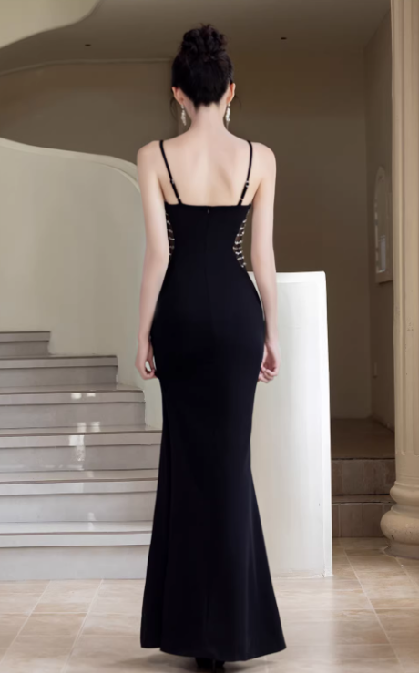 Vintage Black Spaghetti Strap Sweetheart Mermaid Evening Gown Mesh Studded Beaded Slit Prom Dress DP7776