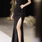 Vintage Black Sequin Spaghetti Strap Mermaid Evening Gown Feather High Slit Prom Dress DP7777