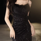 Vintage Black Sequin Spaghetti Strap Mermaid Evening Gown Feather High Slit Prom Dress DP7777
