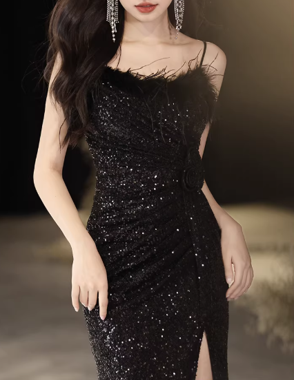 Vintage Black Sequin Spaghetti Strap Mermaid Evening Gown Feather High Slit Prom Dress DP7777